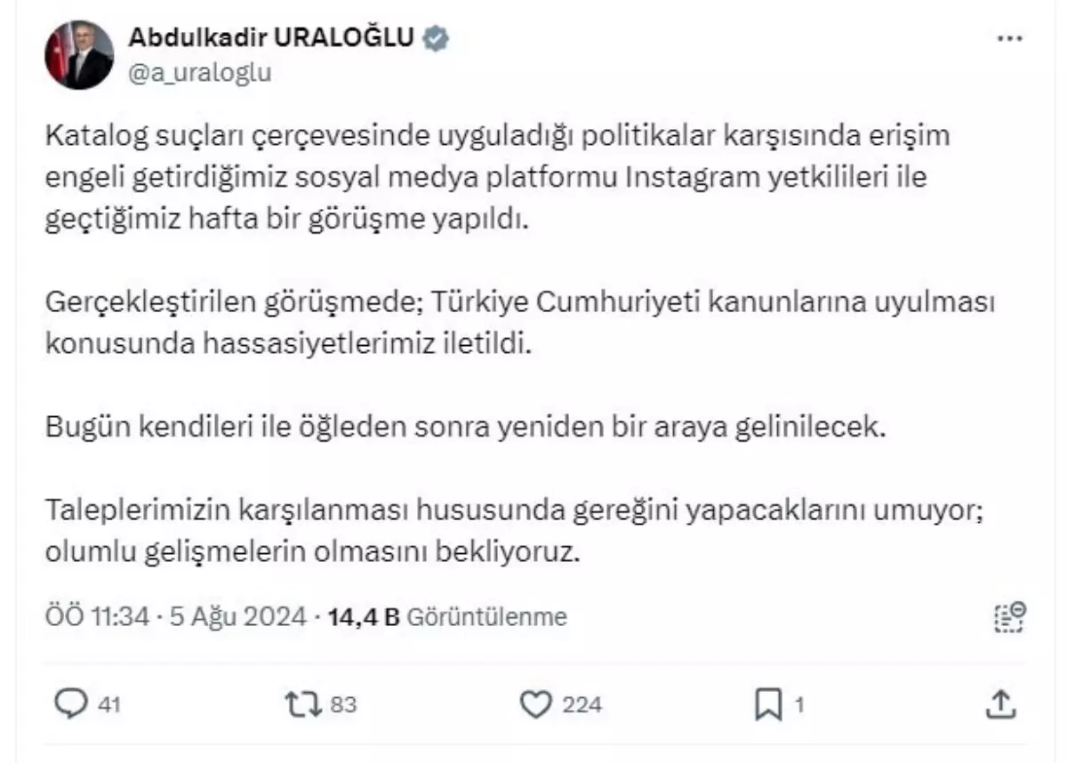 Ulaştırma Bakanı Instagram Yetkilileriyle Görüşecek