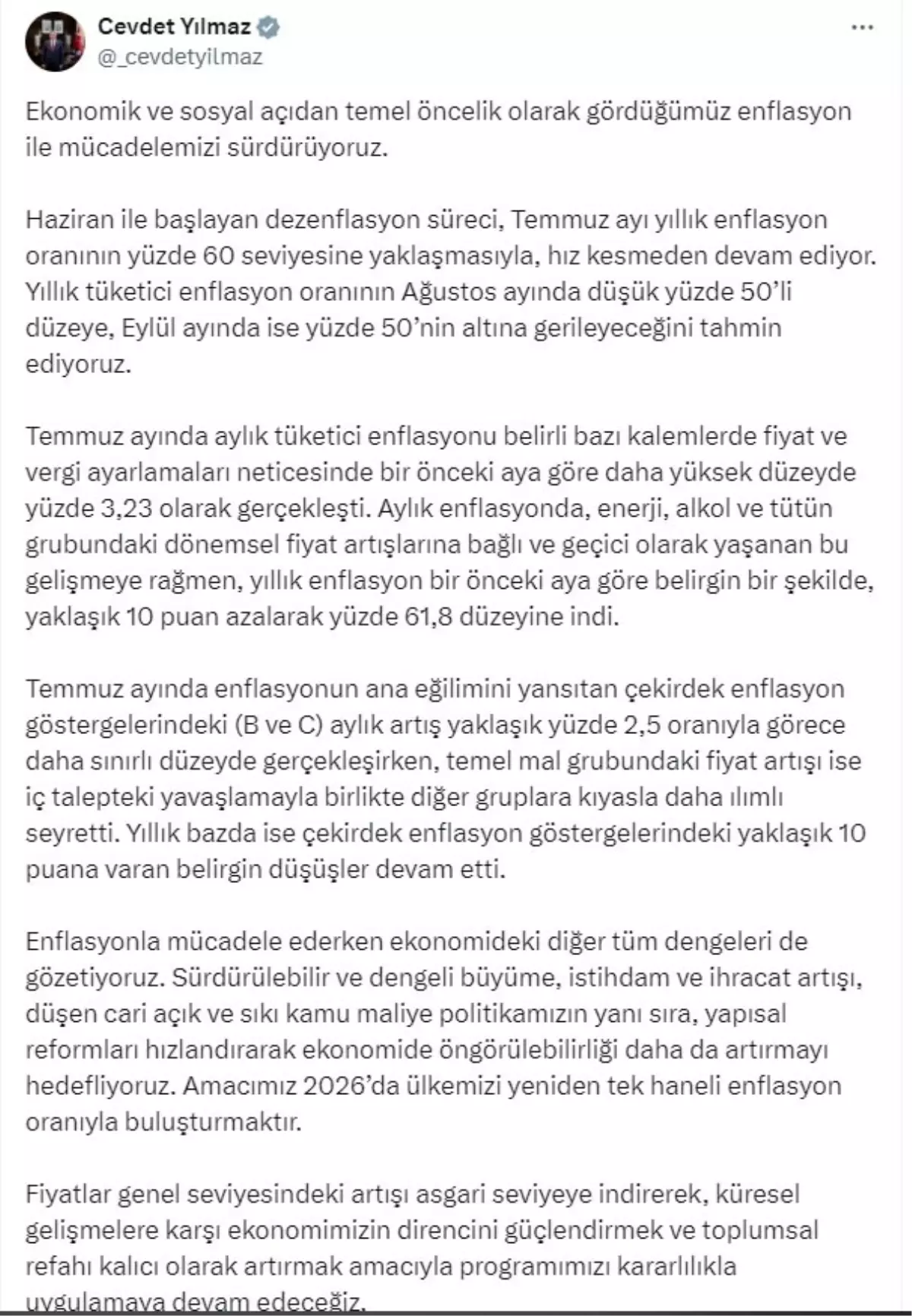 Cevdet Yılmaz: Enflasyon Temmuz Ayında Yüzde 60'a Yaklaştı