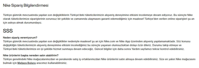 Nike, Türkiye'deki internet alışverişlerini durdurdu