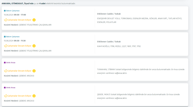 Ankara'da yaşanan elektrik kesintileri! 15 AĞUSTOS GÜNCEL KESİNTİLER! Etimesgut, Çankaya, Keçiören, Sincan'da elektrik kesintisi! Ankara'da planlı elektrik kesintileri!