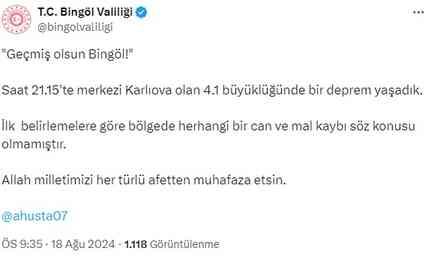 Bingöl'ün Karlıova ilçesinde 4,1 büyüklüğünde deprem