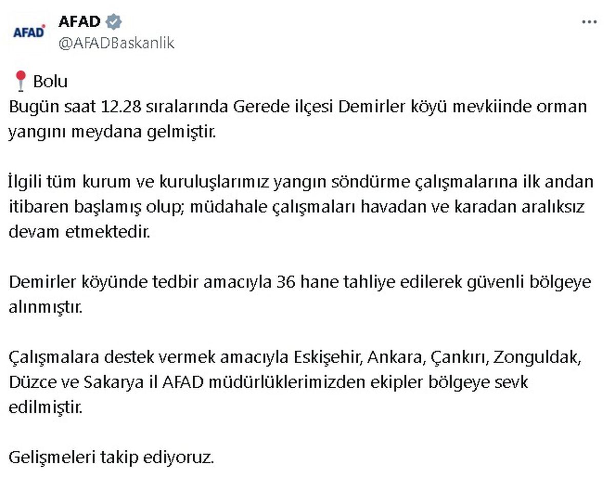 Gerede'deki Orman Yangınına Destek İçin Ekipler Sevk Edildi
