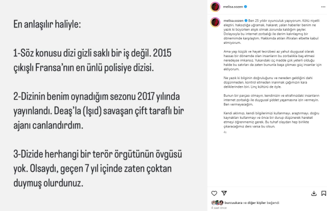 Melisa Sözen, who received criticism for portraying a PYD terrorist in the series, did not remain silent against the criticisms