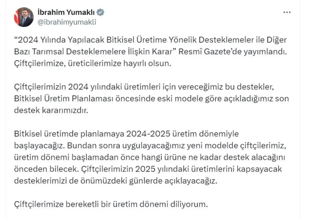 2024 Yılında Yapılacak Bitkisel Üretime Yönelik Desteklemeler Açıklandı