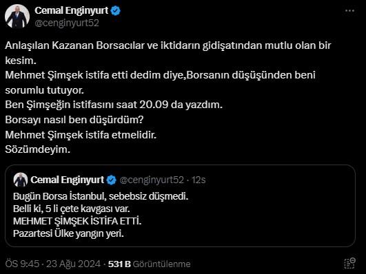 Mehmet Şimşek'in istifa ettiğini öne süren Cemal Enginyurt borsa manipülasyonundan ceza almış