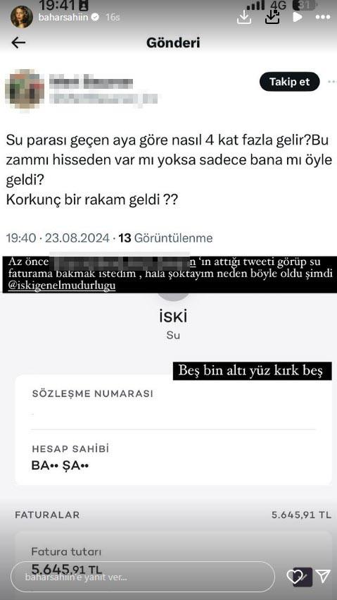 Oyuncu Bahar Şahin evine gelen 5 bin TL'lik su faturasına isyan etti