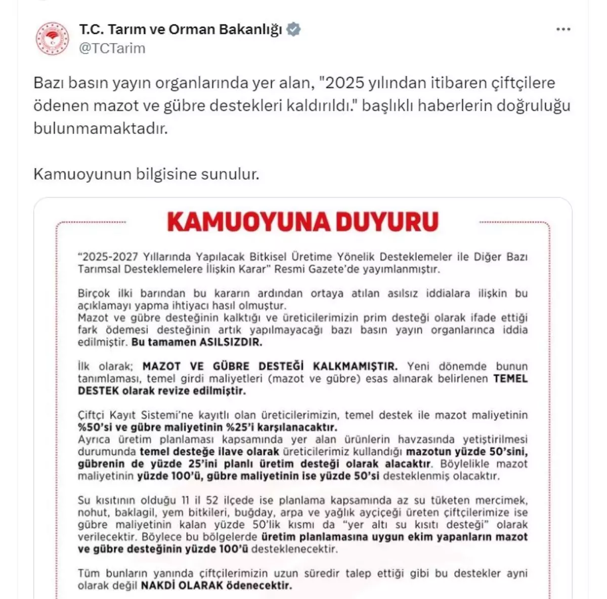 Tarım ve Orman Bakanlığı: Mazot ve gübre desteği kalkmamıştır