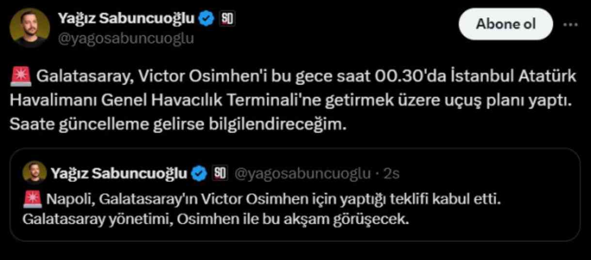 Osimhen uçak takibi kodu nedir? Galatasaray, Victor Osimhen'i kadrosuna kattı