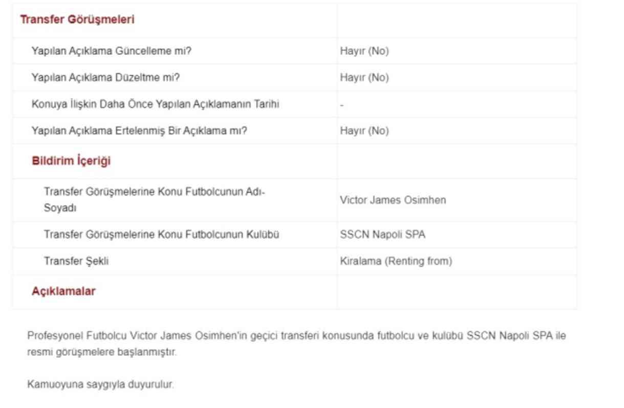 Galatasaray KAP açıklaması! Osimhen açıklandı mı?