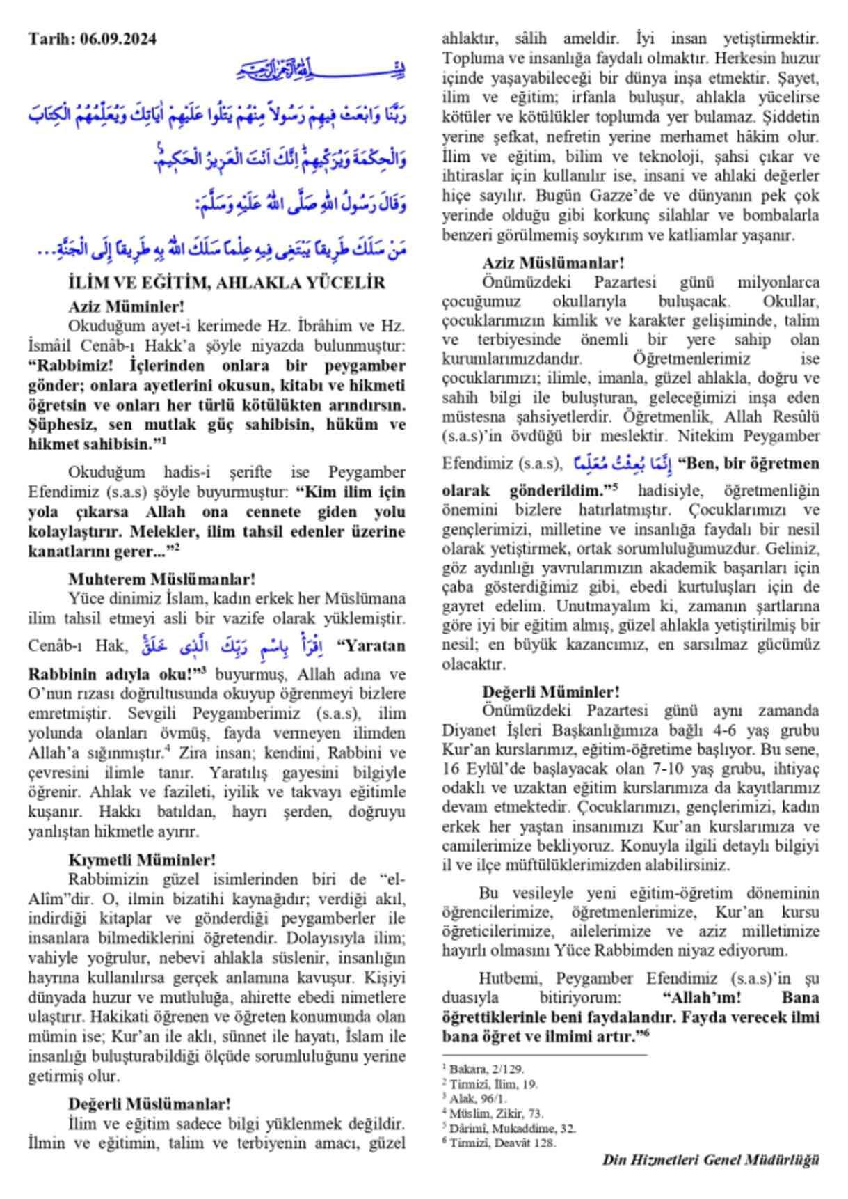 6 Eylül Cuma Hutbesi yayınlandı! 6 Eylül Cuma Hutbesi tam metni! 6 Eylül Cuma Hutbesi yayınlandı! 6 Eylül Cuma Hutbesi tam metni!