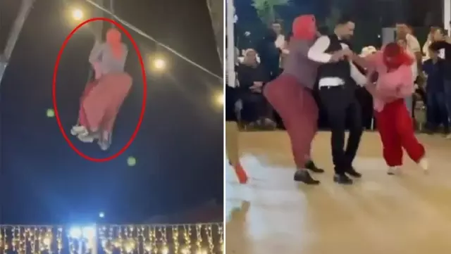 The groom's friends descended to the wedding in disguise as women using a crane.