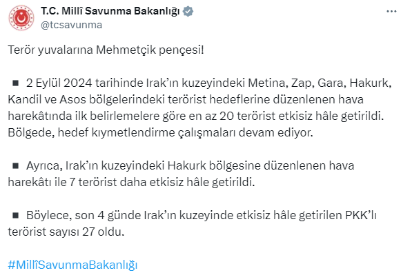 Irak'ın kuzeyine düzenlenen operasyonda 27 terörist etkisiz hale getirildi