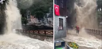 Kıyameti andıran görüntüler Türkiye'den! Şelale az kalsın turistleri yutuyordu