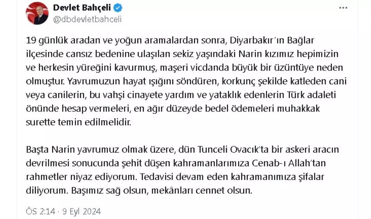 Bahçeli'den Narin Güran Cinayeti Üzerine Sert Açıklama