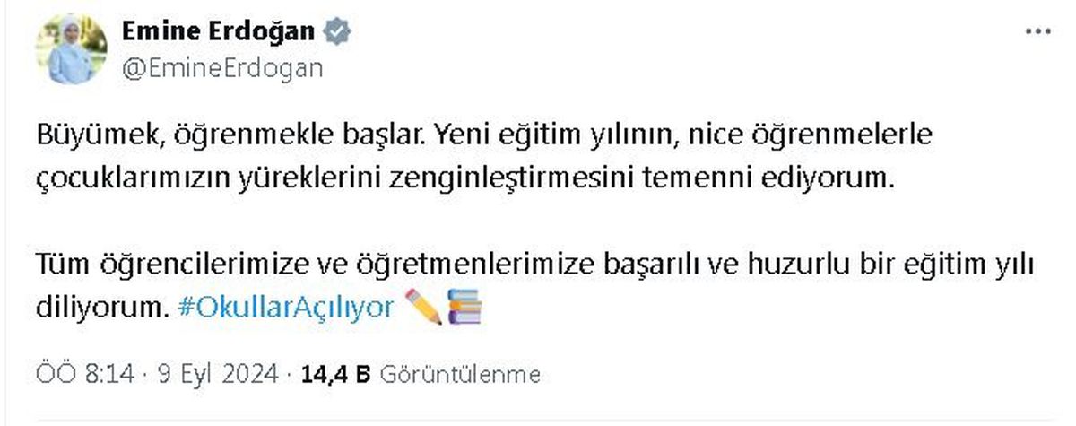 Emine Erdoğan'dan Yeni Eğitim Yılı Mesajı