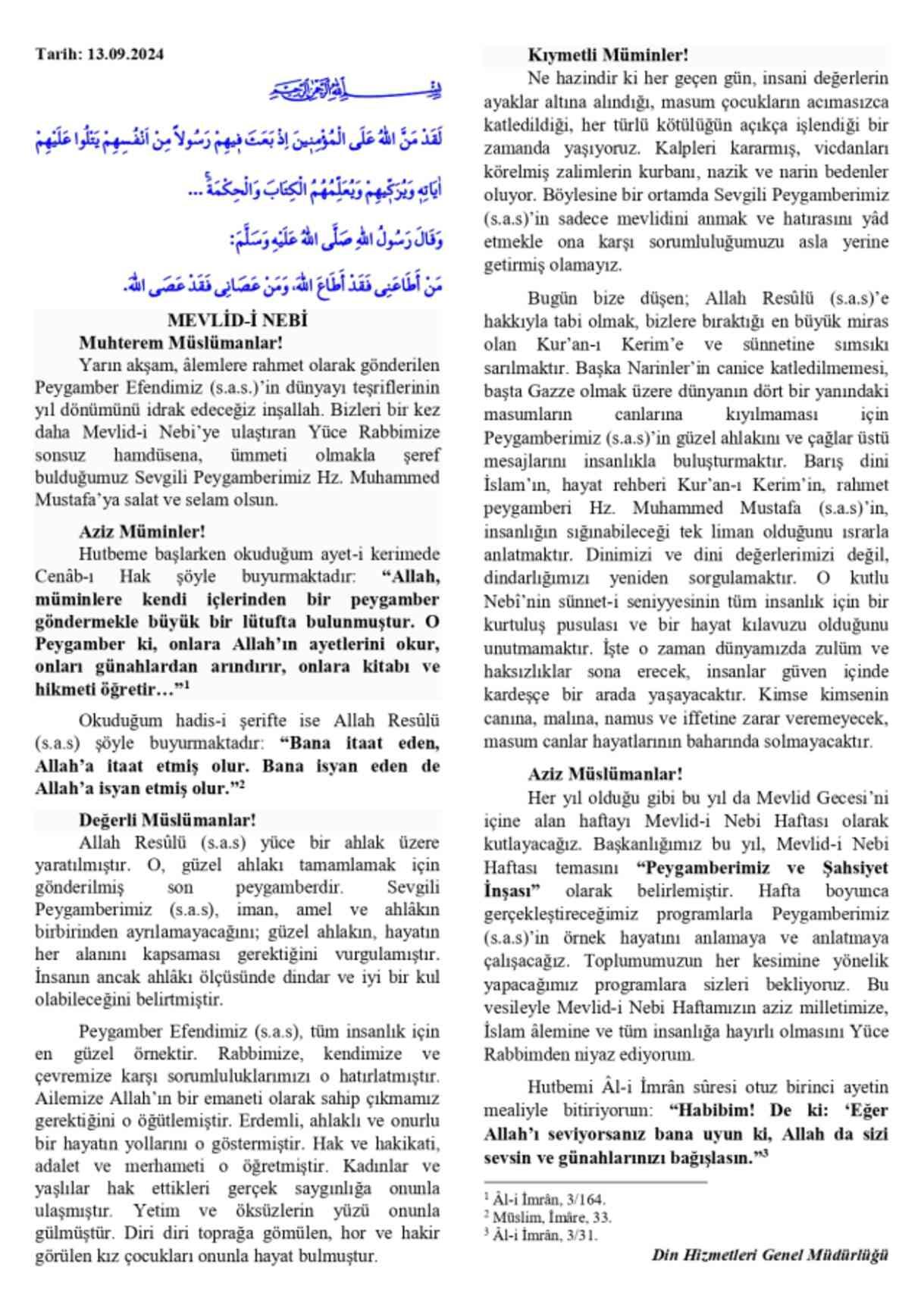 13 Eylül Cuma Hutbesi yayınlandı! 13 Eylül Cuma Hutbesi tam metni!