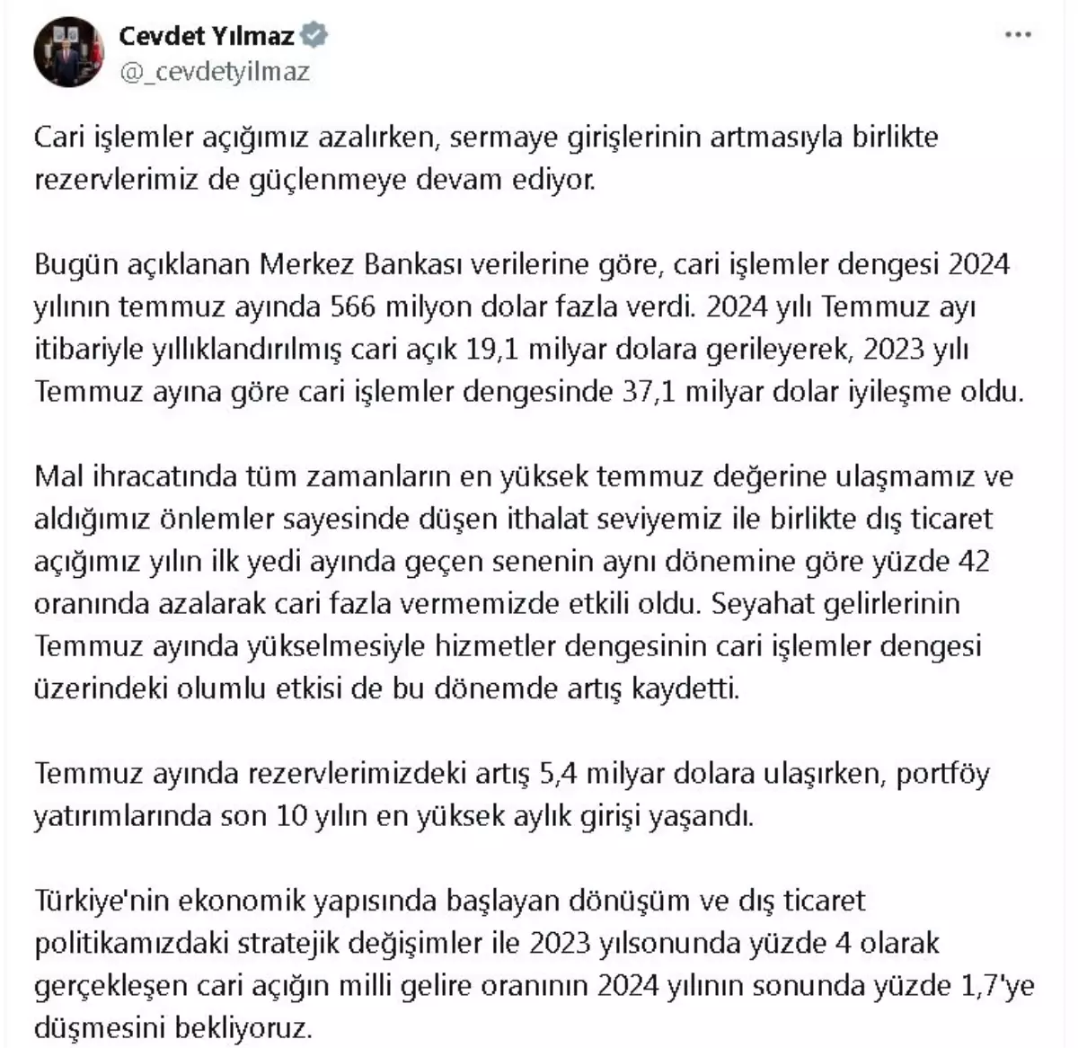 Cari Açığın Milli Gelire Oranı Düşecek