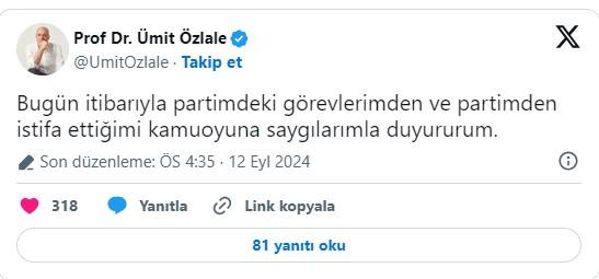 İYİ Parti Genel Başkan Yardımcısı ve İzmir Milletvekili Ümit Özlale partisinden istifa etti