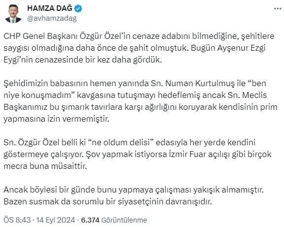 AK Party's Dağ to Özgür Özel: 'He is obviously trying to show himself everywhere with the attitude of 'what have I become''