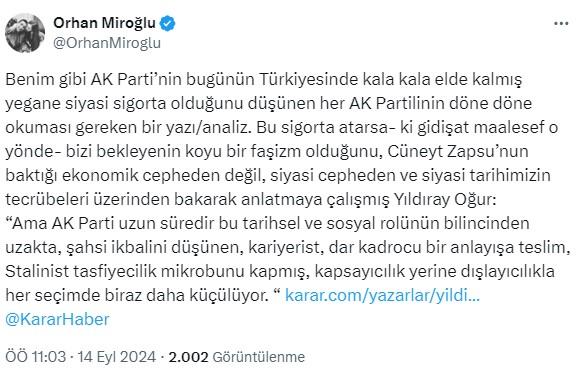 AK Partili Miroğlu'ndan ezber bozan çıkış: AK Parti ülkenin tek sigortası, atarsa koyu faşizm ülkeyi bekliyor