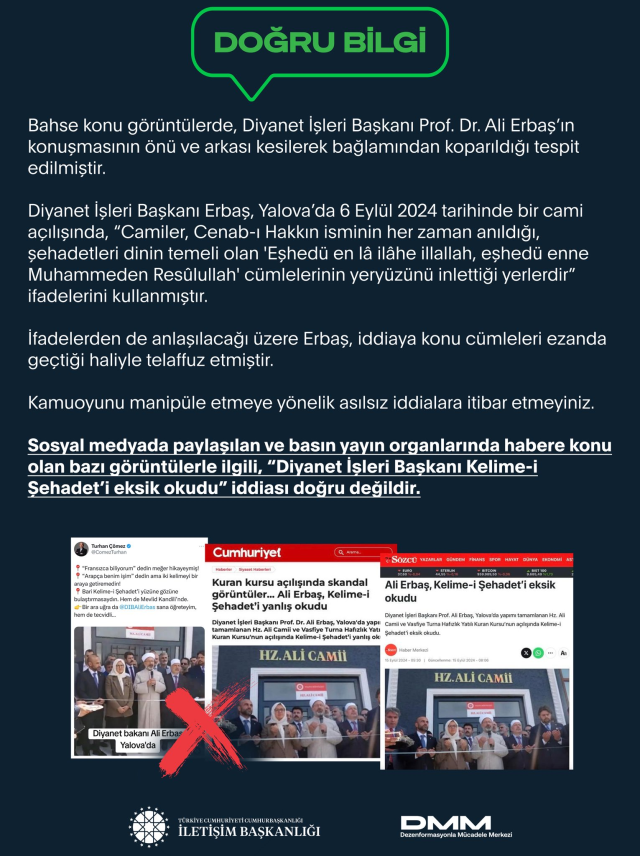 Did Ali Erbaş read the Shahada incomplete? Consecutive statements from the Religious Affairs and Communication Presidencies