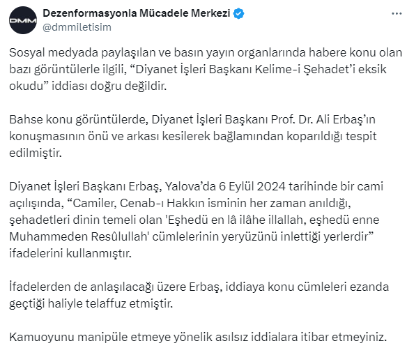 Did Ali Erbaş read the Shahada incomplete? Consecutive statements from the Religious Affairs and Communication Presidencies