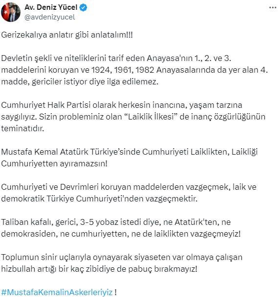 CHP Sözcüsü Yücel'den Yapıcıoğlu'na Anayasa yanıtı: 3-5 yobaz istedi diye ne cumhuriyetten, ne de laiklikten vazgeçmeyiz