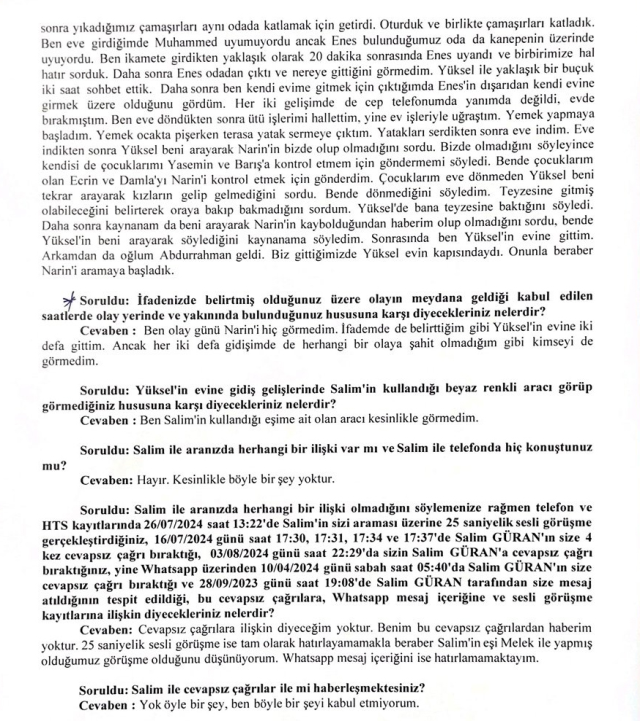 Yenge Hediye Güran'ın ifadesi ortaya çıktı: Narin kaybolduktan birkaç gün sonra telefonumu değiştirdim