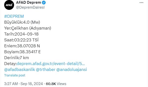 Az önce deprem nerede oldu? Adıyaman'da deprem mi oldu, kaç şiddetinde? 18 Eylül en son deprem nerede oldu?