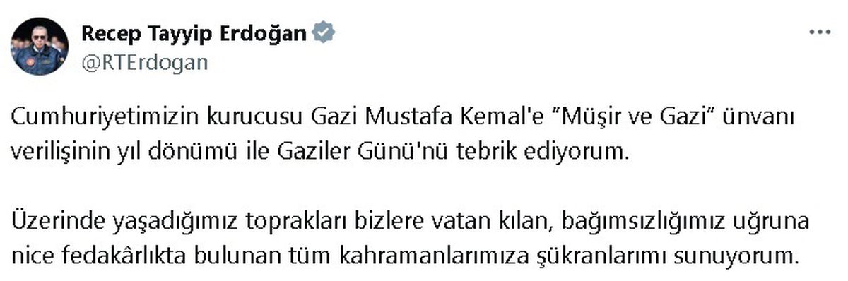 Cumhurbaşkanı Erdoğan Gaziler Günü'nü Kutladı