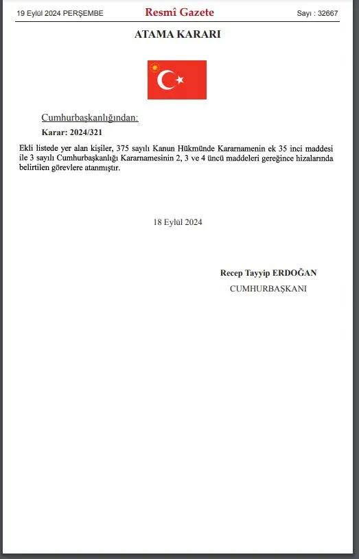 تم نشر قرار الوالي بتوقيع الرئيس أردوغان في الجريدة الرسمية. وفقًا للقرار ، تغيرت ولاة 16 محافظة