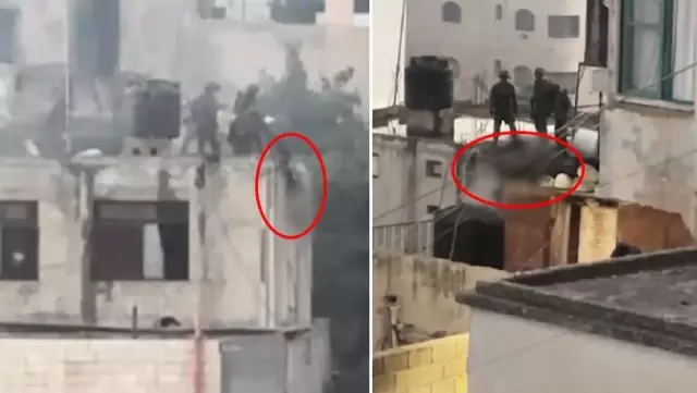 Israel is insatiable in its brutality! They kicked the body of the Palestinian they killed and threw it off the roof.