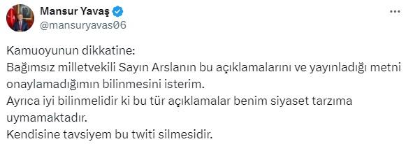 A warning from Mansur Yavaş to Yüksel Arslan, who attacked Özel: Delete this statement