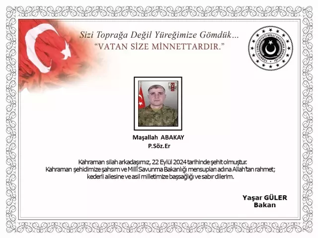 In the Pençe-Kilit Operation, one of our soldiers was martyred.