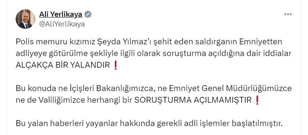 Bakan Yerlikaya: Şeyda Yılmaz'ın katilinin adliyeye götürülmesiyle ilgili soruşturma yalan