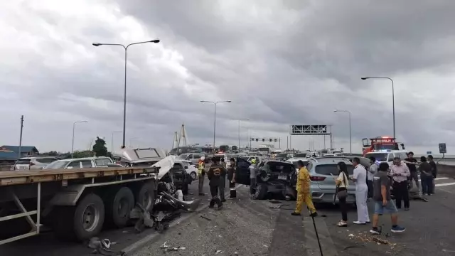 The runaway truck crashed between the vehicles.