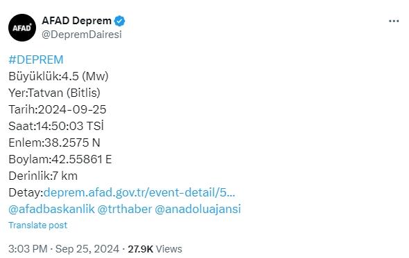 Az önce deprem mi oldu? Bitlis'te 24 Eylül en son depremler kaç şiddetinde oldu?