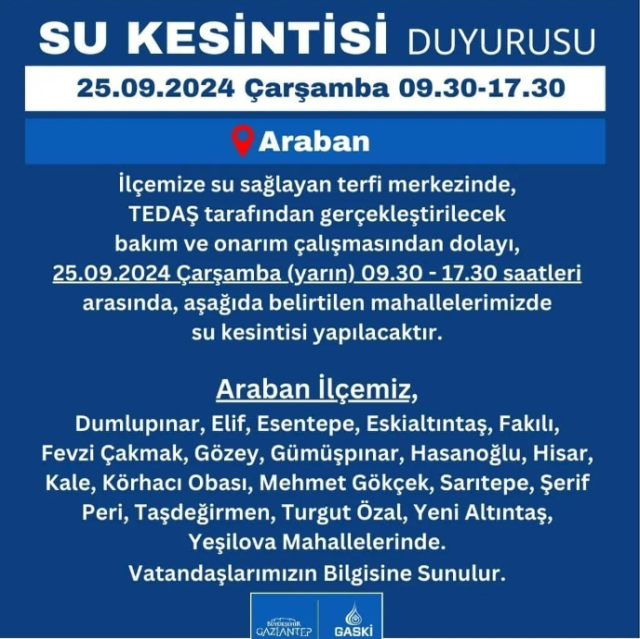 Gaziantep su kesintisi sorgulama! 25 Eylül GASKİ su kesintisi olan yerler neresi? Gaziantep su kesintisi nereden öğrenilir, neresi aranır?