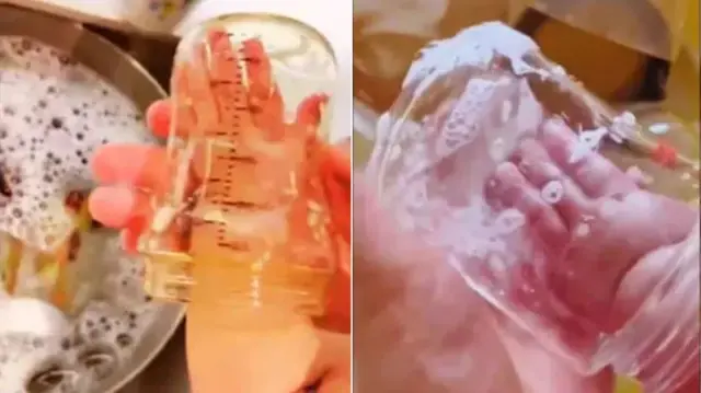 The parent who used the newborn baby's hand to wash the milk bottle drew criticism.