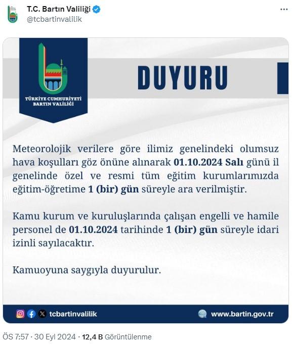 Schools Closed in Bartın Due to Heavy Rain