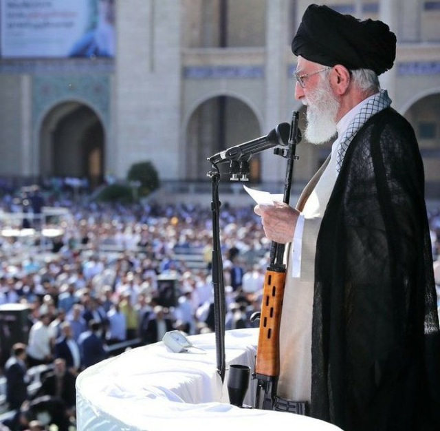 Khamenei appeared at the Friday sermon with a Dragunov sniper rifle