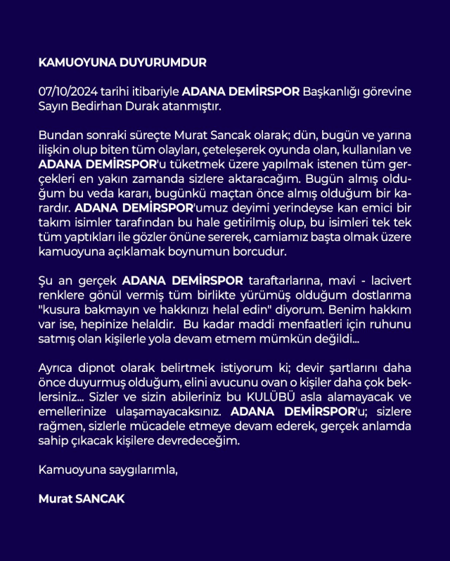 Murat Sancak has resigned from his position as president of Adana Demirspor