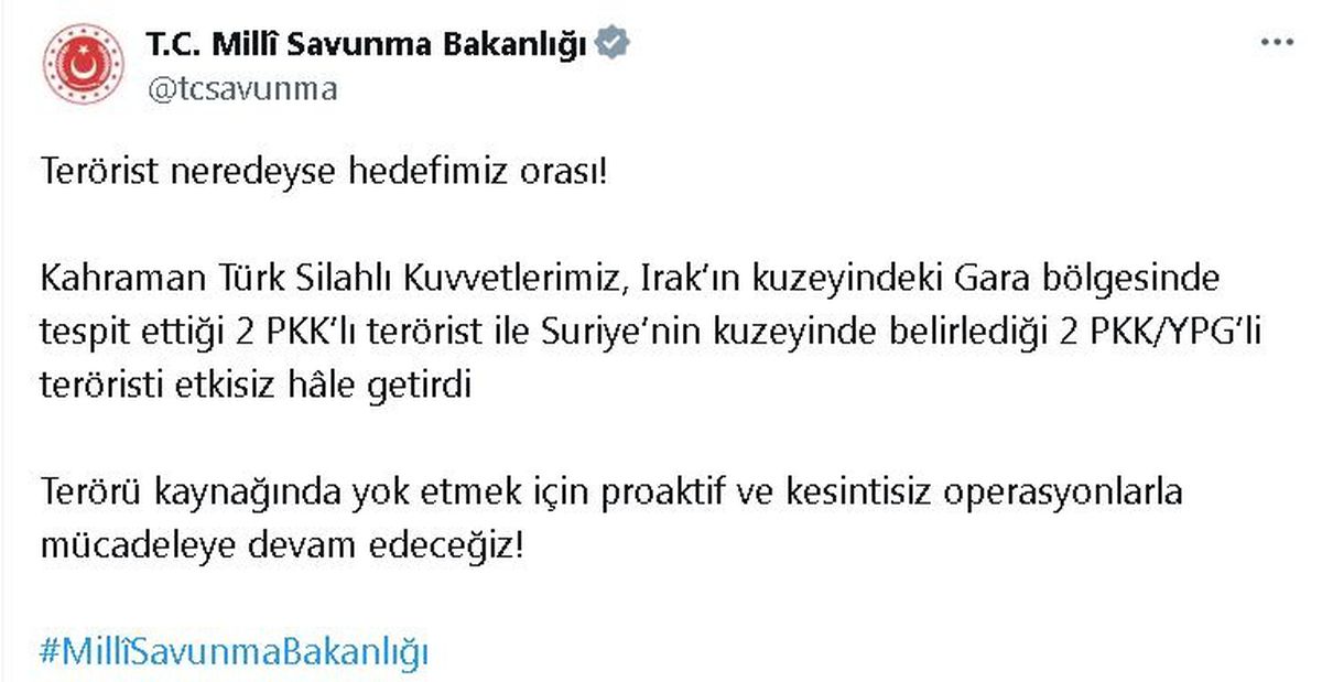Türk Silahlı Kuvvetleri Irak ve Suriye'de 4 Teröristi Etkisiz Hale Getirdi