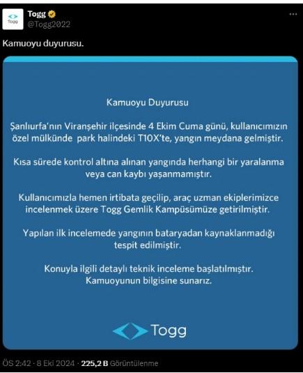 The first statement regarding the Togg that caught fire while charging has been made