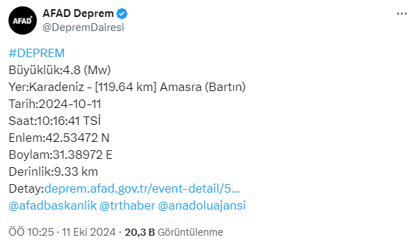 Bartın açıklarında 4.8'lik deprem! Sarsıntı çevre illerde de hissedildi