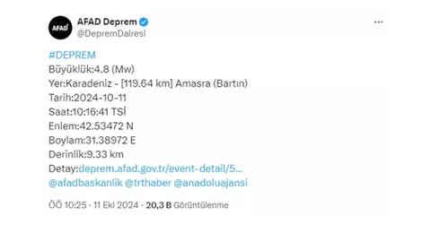 SON DAKİKA: 11 EKİM BARTIN'DA DEPREM Mİ OLDU? 11 Ekim Bartın'da deprem nerede oldu, şiddeti kaç?