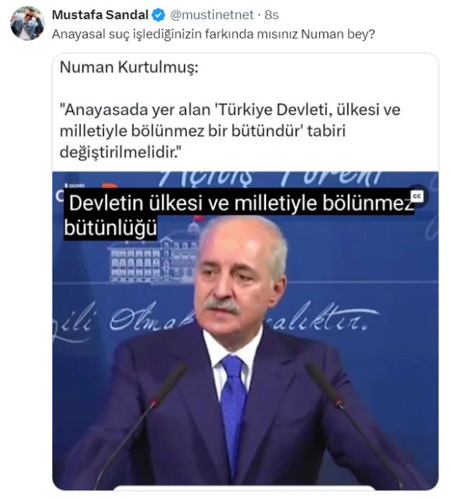 Mustafa Sandal'dan Numan Kurtulmuş'un 'Anayasa'nın 3. maddesi değiştirilsin' çıkışına tepki