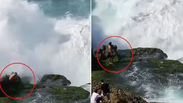 A young person who was taking a selfie on the rocks in Indonesia was swept away by giant waves and went missing.