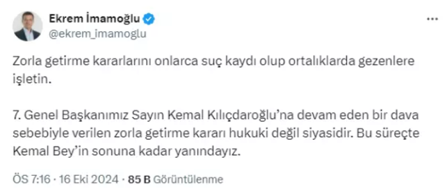 The forced appearance decision regarding Kılıçdaroğlu has been lifted