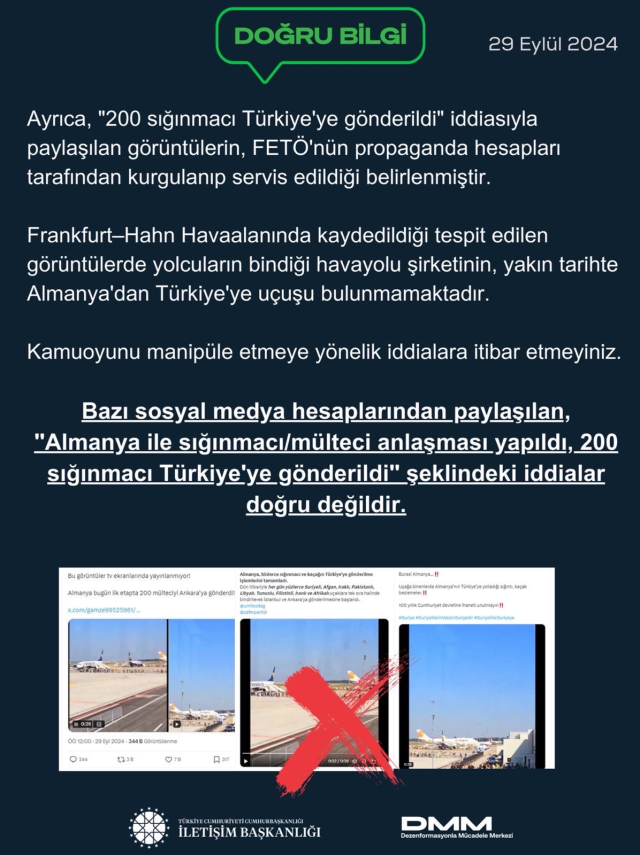 Response from the Presidency to Özel's claim that 'refugees are being sent by plane from Germany'